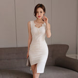 Elegant V-neck Sleeveless Irregular Work Wear Slim Waist Bodycon dress