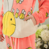 Cute Bee Flannel Long Sleeve O-neck Sleepwear Set