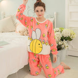 Cute Bee Flannel Long Sleeve O-neck Sleepwear Set