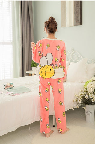 Cute Bee Flannel Long Sleeve O-neck Sleepwear Set